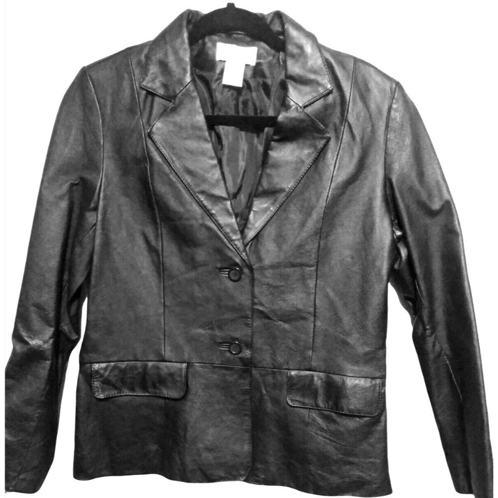 Minimalist Black Leather Blazer Women Size 8P Vintage 90s Y2k Preppy Officecore